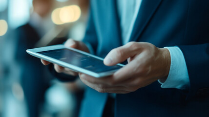 Business professional using a tablet in a modern office during a busy workday