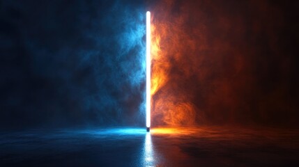 Obraz premium Fantasy 3D rendering of a white light stripe representing a magic wand against a dark backdrop illuminated by reflections in blue and orange