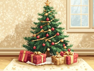 A festive Christmas tree and New Year background, showcasing a beautifully decorated tree, glittering ornaments, and presents underneath
