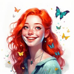 Obraz premium portrait of a woman with colorful hair and butterflies