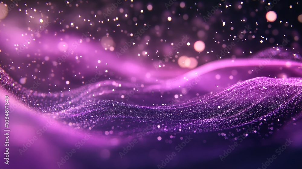 Poster flowing particle stream on a vibrant purple backdrop filled with luminous particles abstract design 