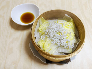 Steamed cabbage and whitebait served with ponzu sauce