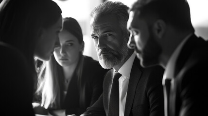 Fototapeta premium Business meeting in a dimly lit room with focused discussions among professionals