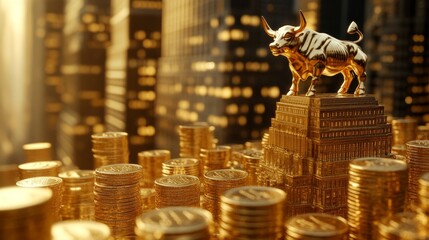 Ultra detailed, photorealistic image of a golden ship made of coins sailing through the financial district of Wall Street