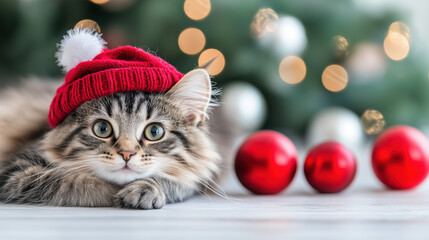 Cozy cat wearing festive red hat, surrounded by Christmas decorations and ornaments, exuding warm holiday spirit