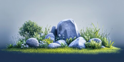 Various sized stones arranged in a garden setting, Garden with assorted stones arranged artistically