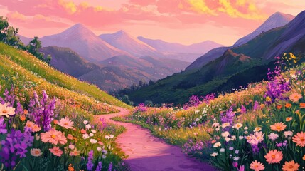 Obraz premium Scenic illustration of a path winding through lush green hills adorned with colorful wildflowers in a mountainous landscape beneath a pink sky