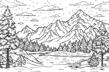 Fototapeta premium Coloring book illustration of snowy mountains in winter scenery