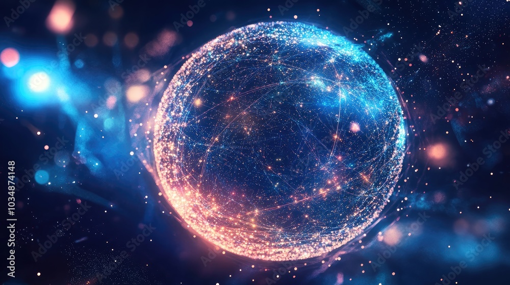 Poster illuminated 3d particle sphere in space representing abstract concepts of technology science enginee