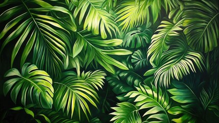 Oil painting of lush green leaves in a tropical forest featuring an illustrative concept that highlights the beauty of nature