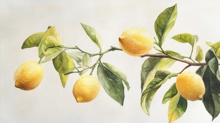 Watercolor depiction of lemon tree branches against a white backdrop