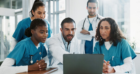 Doctor, team or laptop with discussion in clinic for healthcare treatment innovation or IRB...