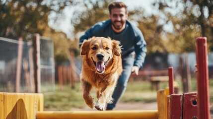 A professional dog trainer in action, guiding a dog through agility exercises, highlighting the dog focus and the trainer expertise in canine behavior