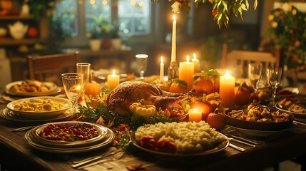 Thanksgiving family dinner scene, traditional food spread on the table, with glowing candles, everyone laughing and chatting, cozy indoor lighting, autumn decor with leaves and pumpkins. --ar 16:9
