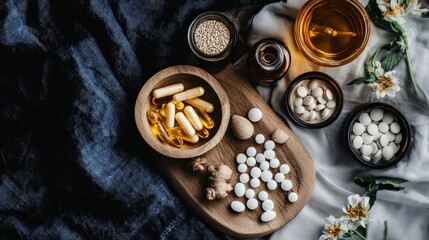 A variety of sleep supplements, such as melatonin and herbal remedies, displayed alongside bedtime essentials to promote natural sleep without the use of medication
