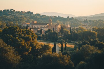 Obraz premium In the distance, in an ancient Italian town surrounded by green trees and hills