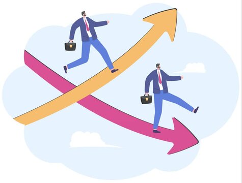 Businessman stepping on and stepping down,

