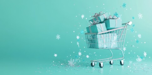 Shopping Cart Filled With Gifts for Winter Holidays
