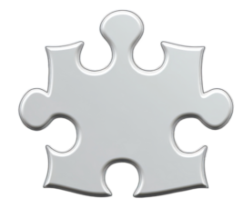 Glossy white puzzle piece with metallic shine and transparent background.