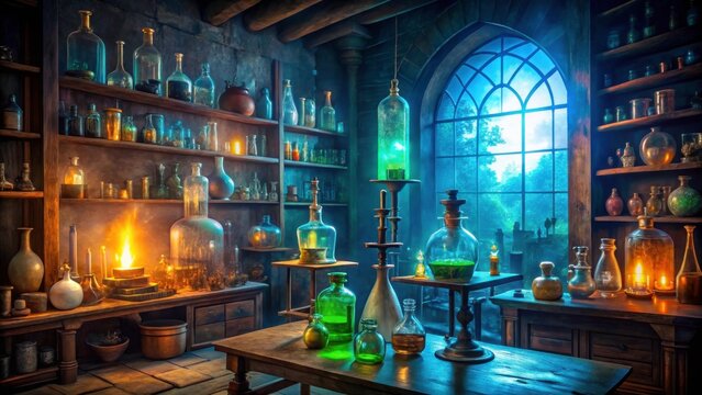 Enchanted alchemy lab interior with glowing potions and mystical artifacts, magical, alchemy, lab, interior, enchanted