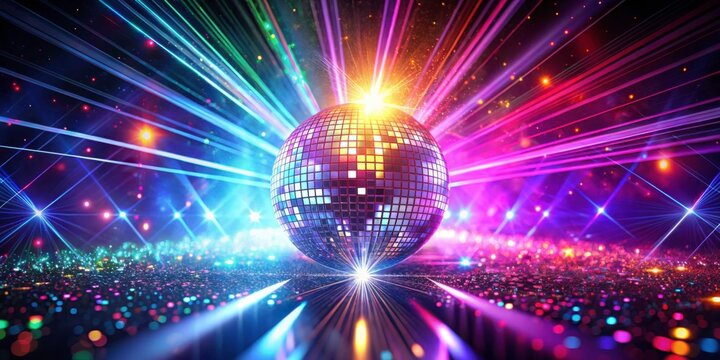 Abstract 8K background with burst of disco ball reflection, blurred particles, laser rays, and colorful light beams