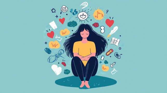 Illustrations of stress and mental health, featuring a person surrounded by negative thoughts or stress symbols, highlighting the toll anxiety can take on well-being