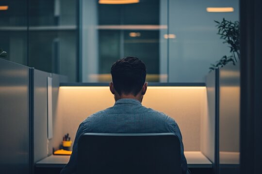 Loneliness at work, showing an employee isolated in a cubicle, feeling disconnected from colleagues or excluded from team activities