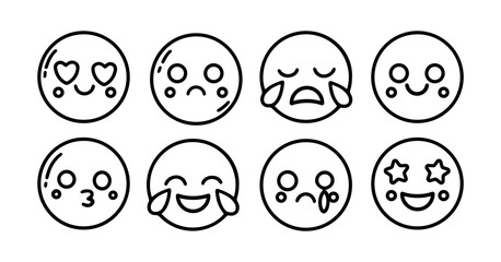 Set of different black facial expression icons,line style