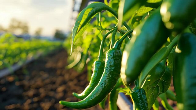 close up green hot chili on tree at farmland plantation, agricultural and food produce concept