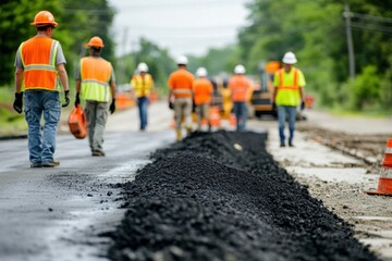 Road construction management, with supervisors and engineers reviewing plans and coordinating workers to ensure the project stays on schedule and within budget