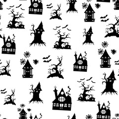 Spooky Haunted Houses and Bats Seamless Pattern. Halloween Silhouettes of Haunted Houses and Trees