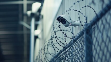 Security fencing around a warehouse perimeter, with barbed wire and surveillance cameras installed, preventing unauthorized access and enhancing overall security