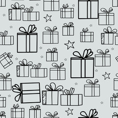 Seamless Pattern of Christmas Gifts, Stars, and Candy Canes. Hand-Drawn Holiday Presents and Stars Pattern in Black and White