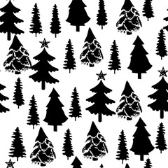 Monochrome Evergreen Tree Pattern for Holiday Decor. Winter Pine Tree Silhouettes on White Background