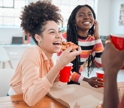 Employees, pizza and office for laughing at party, funny conversation and team building with food. Business people, take away and together in workplace for bonding, humor and joke at lunch with staff