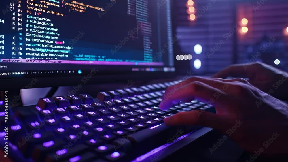 Poster A person is typing on a computer keyboard with a purple keyboard