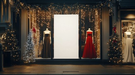 A boutique window showcases two elegant dresses adorned with holiday decorations.