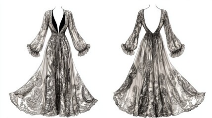 Ultra detailed, photorealistic fashion design sketch of a romantic evening dress with a tiered skirt