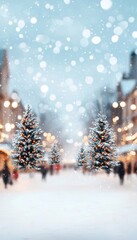 Winter street scene with snow-covered trees and blurred festive lights.