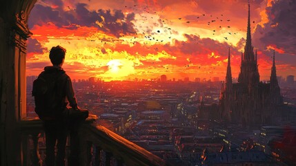 Fototapeta premium Traveler Gazing from Balcony at Captivating Sunset View