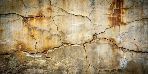 Fototapeta premium A weathered wall surface, fractured and stained with the passage of time, reveals the inherent fragility of even the most solid structures.