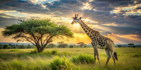 Obraz premium A Lone Giraffe Stands Tall Against the Golden Hues of a Sunset Sky, Casting Long Shadows Across the Savannah Grass