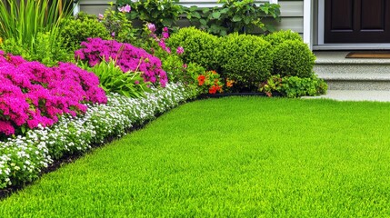 A lovely home with a vibrant lawn and neatly arranged bushes around the entrance, creating a picturesque and inviting setting.