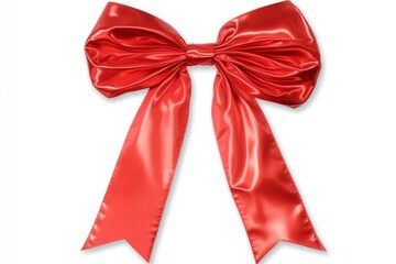 A shiny red satin bow with long ribbon. White background.
