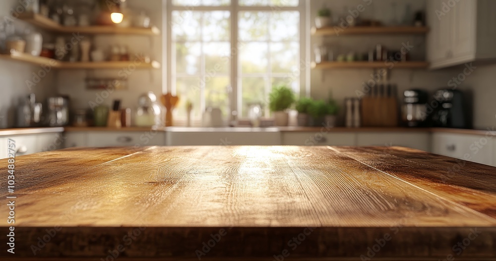 Poster Empty wooden table in front of a blurred kitchen background with sunlight shining through the window.