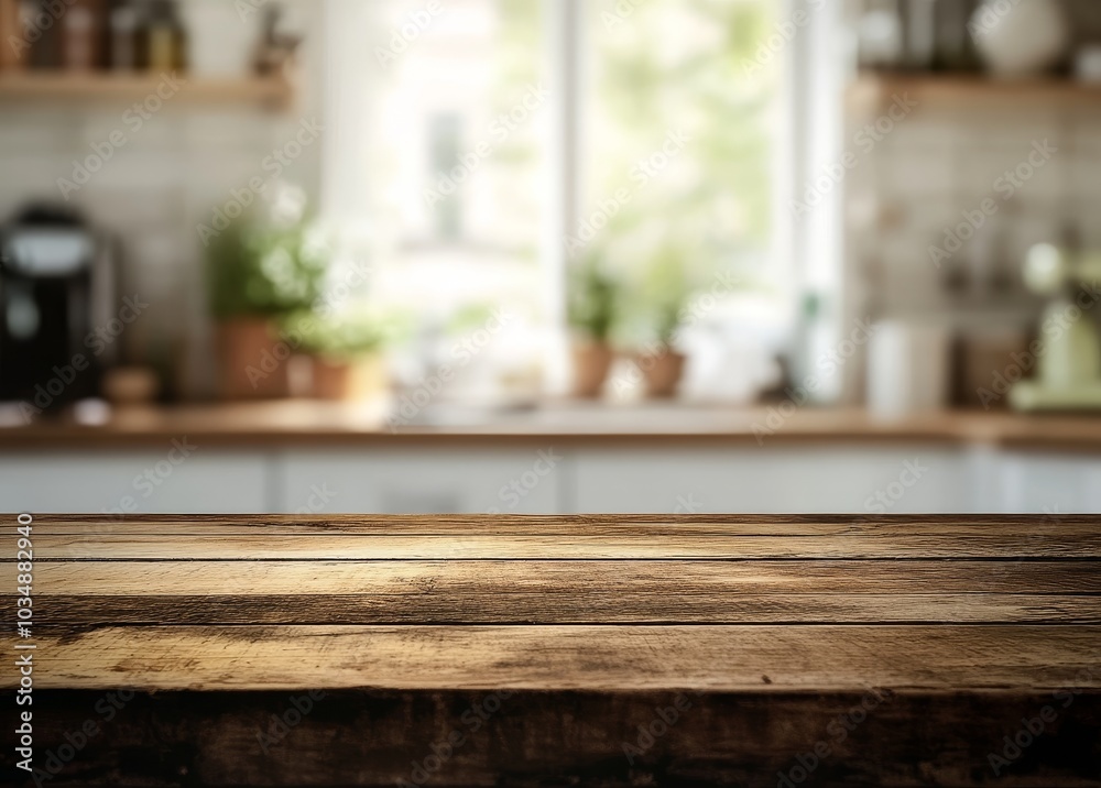 Aufkleber a rustic wooden table top with a blurred image of a kitchen in the background.