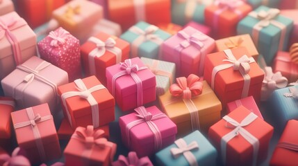 A bunch of colorful boxes with bows on them, some are pink, some are blue