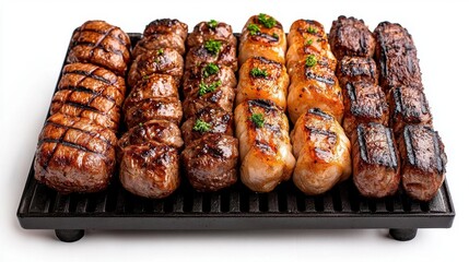 A photostock images of a barbecue grill with assorted meats cooking, isolated on white background, High Quality