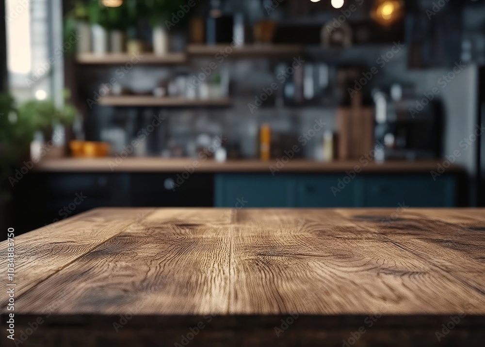 Poster empty rustic wooden table top in a modern kitchen with a blurred background.