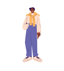 Young black man in warm clothes standing. Stylish person wearing sweater, trousers, sneakers in fall. Boy in trendy outfit. Autumn male fashion. Flat isolated vector illustration on white background